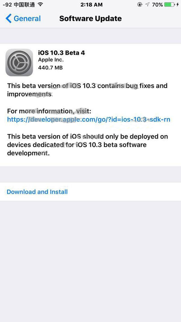 苹果发布iOS10.3 Beta4开发者预览版固件更新