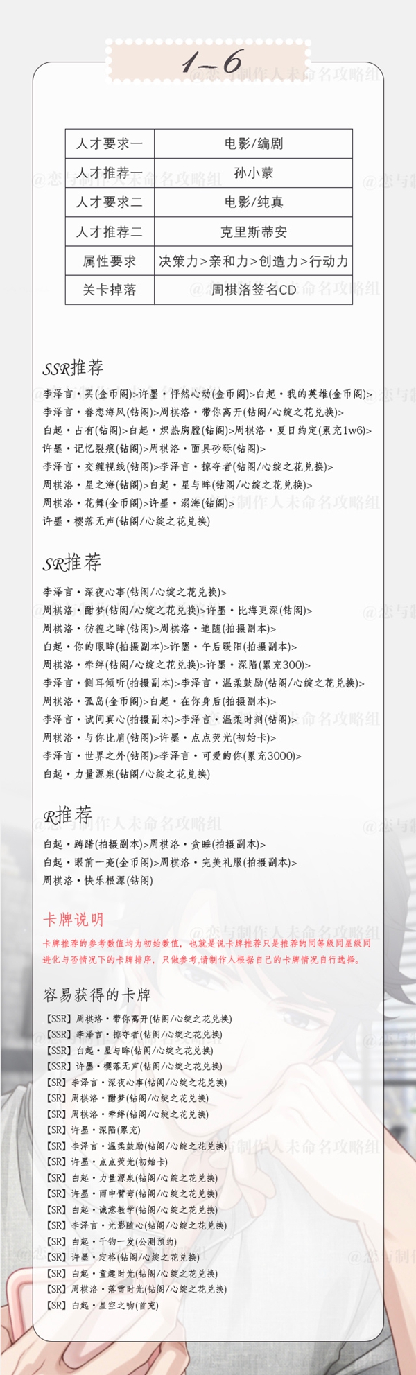 恋与制作人精英1-6三星攻略