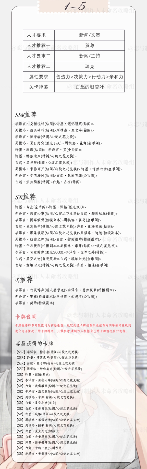 恋与制作人精英1-5三星攻略