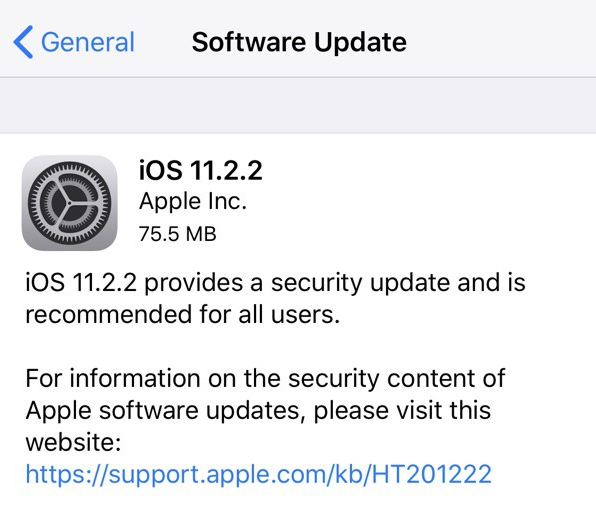 苹果发布iOS11.2.2：修复芯片漏洞