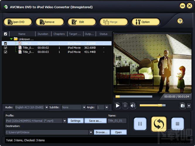 AVCWare DVD to iPod Video Converter(视频处理软件)V2.1.0.1010下载