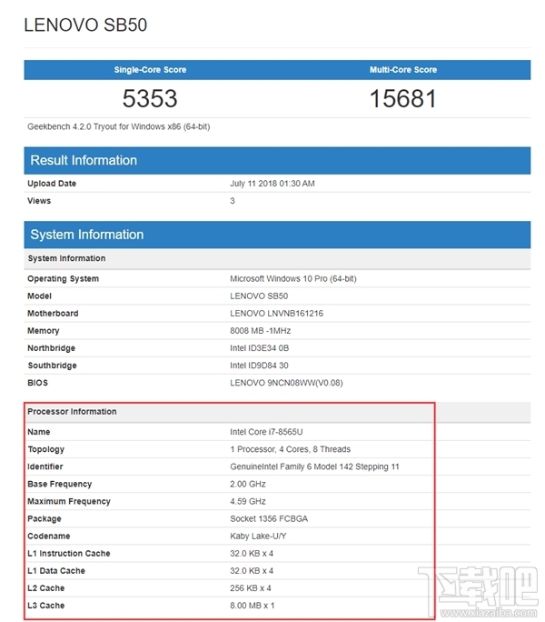 Intel i7-8565U现身： 14nm 15W低功耗