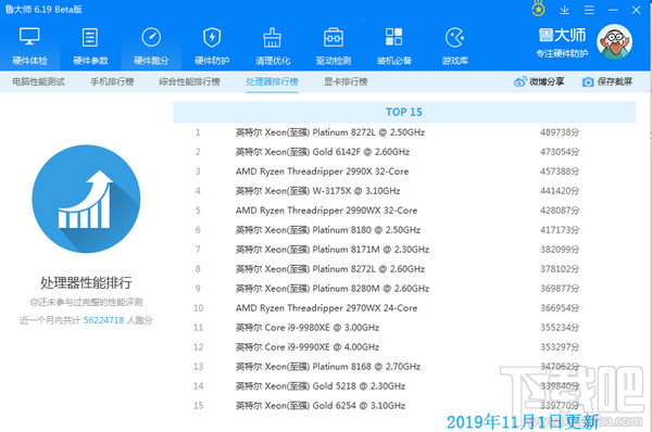 CPU性能排行天梯图2019 CPU天梯图2019年11月最新版