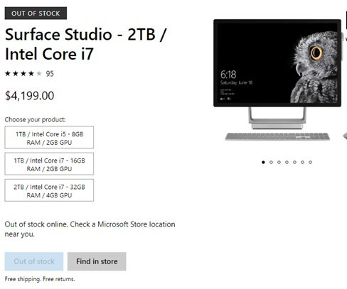 微软商城Surface Studio全型号售罄：Surface Studio 2要来？