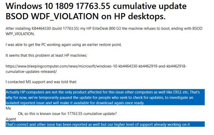 微软承认惠普PC打KB4462919补丁蓝屏问题：公布临时解决方案